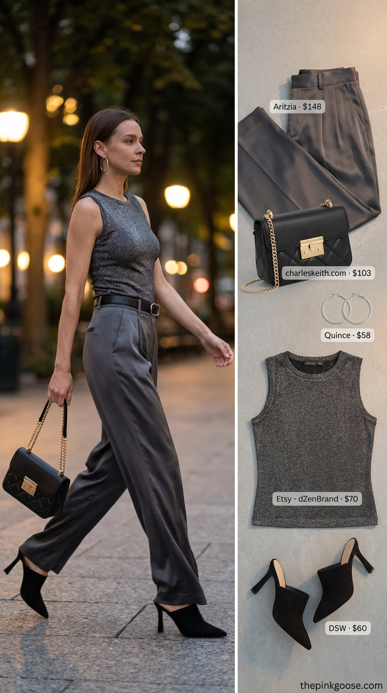 Effortless Glamour: Summer Evening Tank Top Outfit 2026 Glamorous silver lurex knit tank top paired with charcoal satin straight-leg slip pants and black mules for a chic dinner out look. This summer tank top outfit 2026 is perfect for cocktail hour.