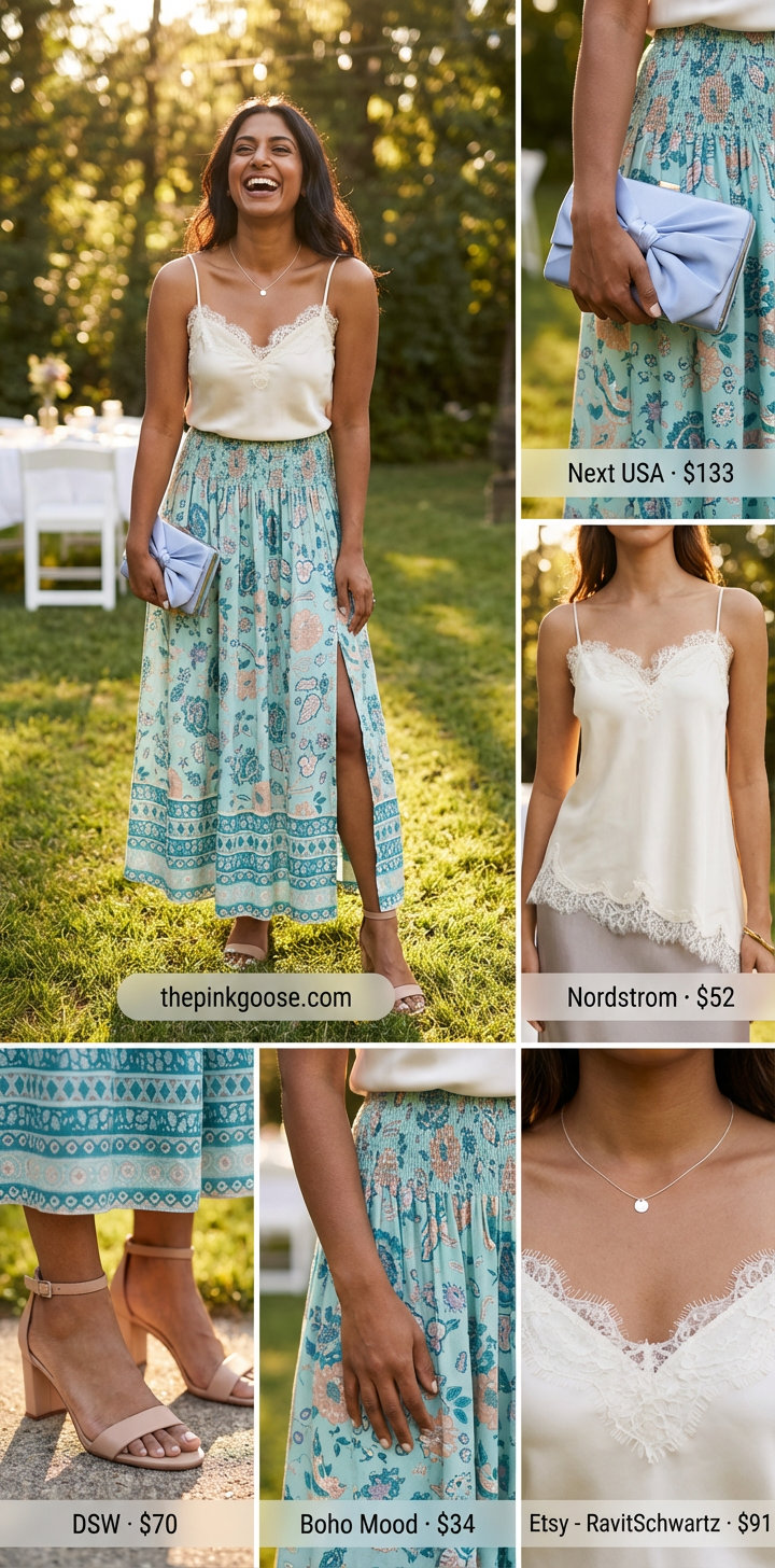 Romantic Garden Brunch: Summer Tank Top Outfit 2026 Romantic cream satin lace trim tank top with a flowy soft blue and green floral chiffon maxi skirt. An ethereal summer tank top outfit 2026 for a garden brunch or outdoor wedding guest, accessorized with strappy sandals and a clutch.