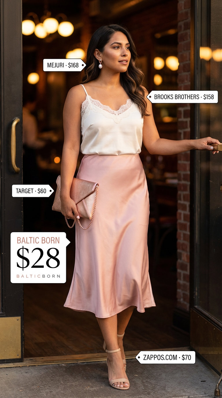 Sunset Romance: Elegant Summer Tank Top Outfits 2026 Romantic summer tank top outfit 2026 for a sunset date night, featuring an ivory silk camisole, blush pink satin midi skirt, and rose gold accessories.