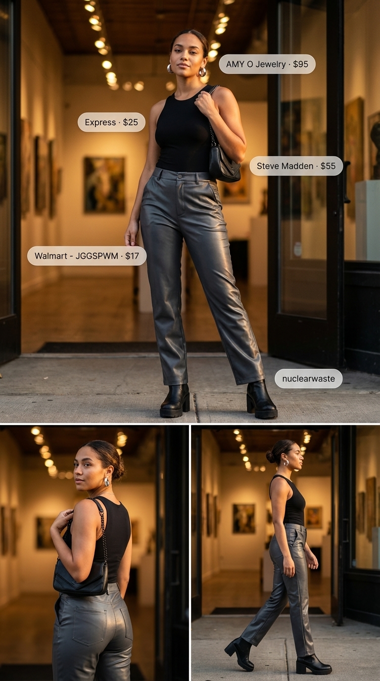 Urban Edge Evening: Summer Tank Top Outfit 2026 Edgy black square neck tank top paired with charcoal faux leather straight-leg pants and chunky platform ankle boots. A confident urban summer tank top outfit 2026 for a night out or concert.