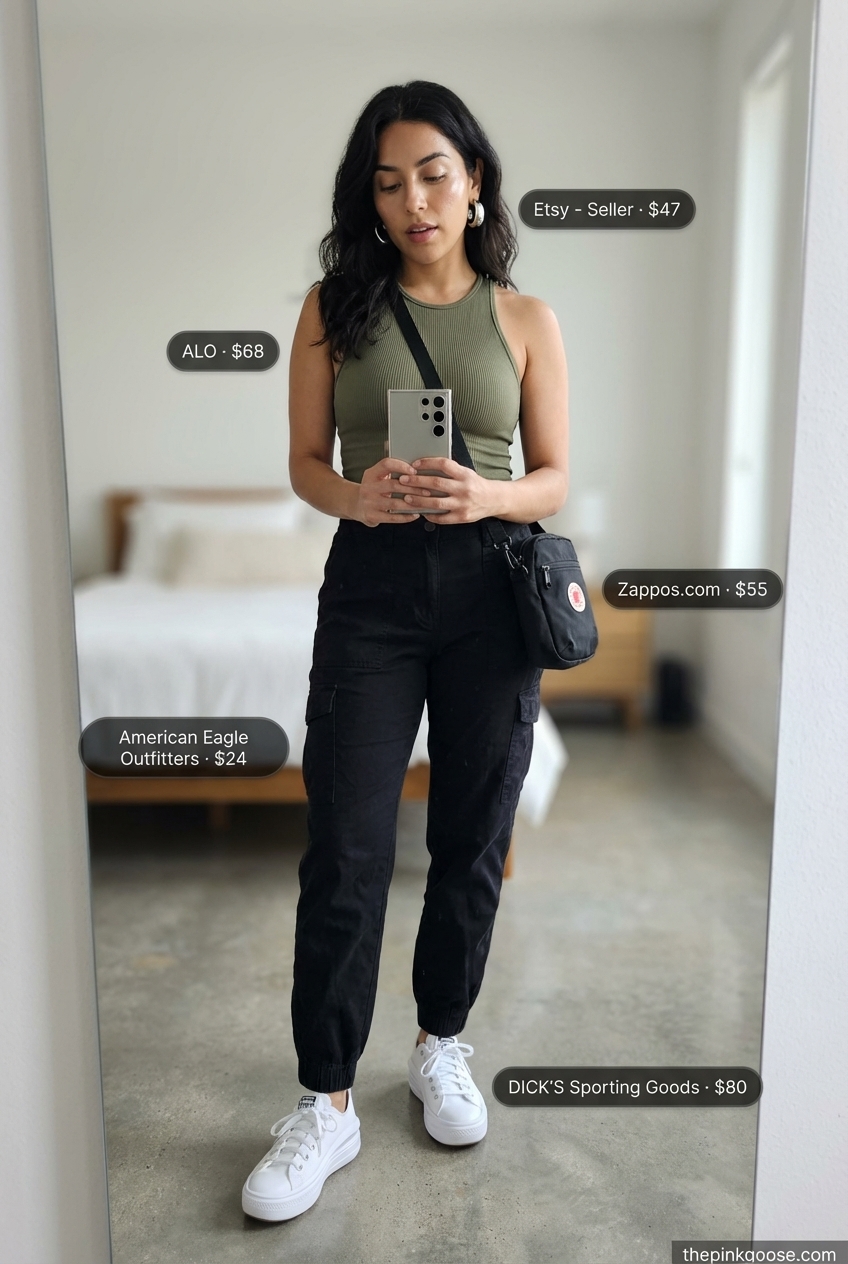 Urban Safari Chic: Summer Tank Top Outfit 2026 Chic olive green ribbed cropped tank top styled with black high-waisted cargo pants and chunky platform sneakers. An edgy urban safari summer tank top outfit 2026 for city exploration.
