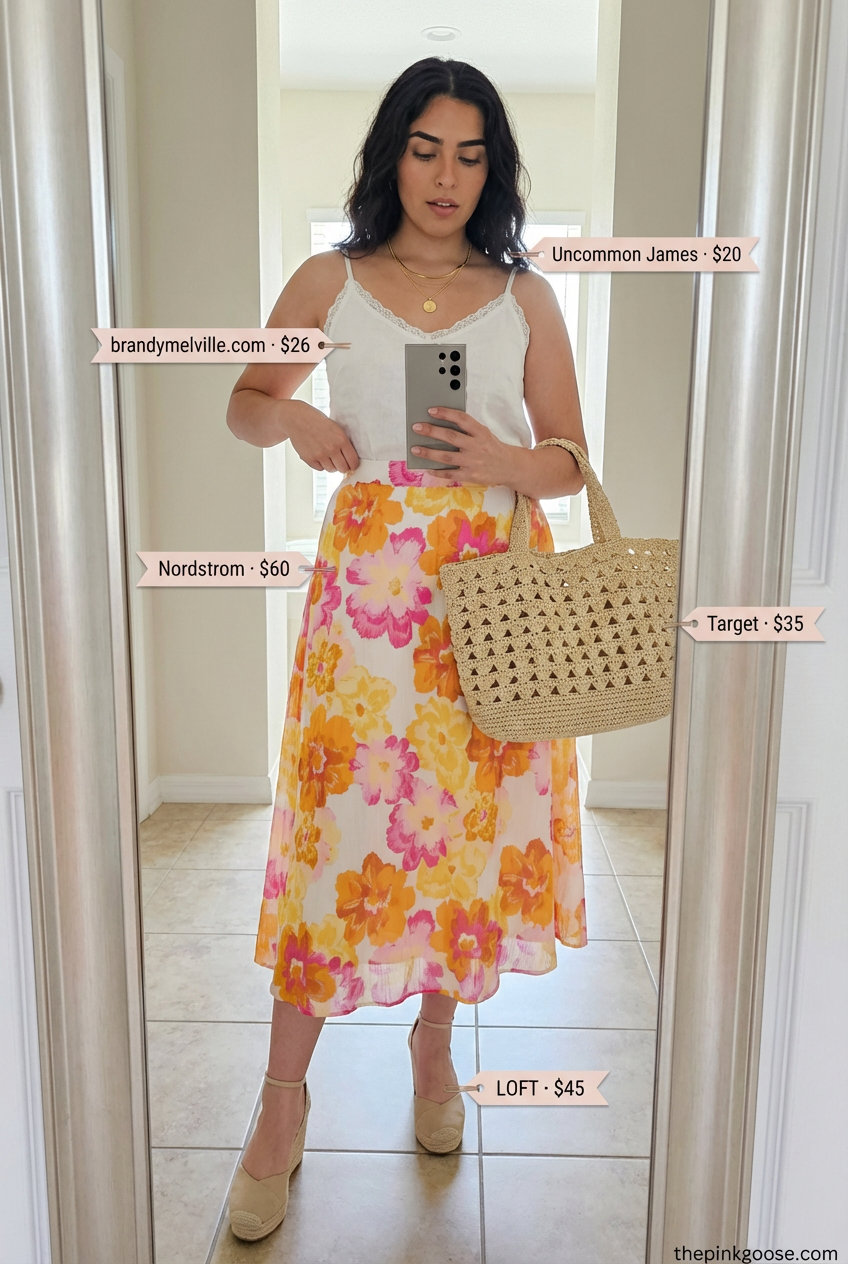 Weekend Escape Style: Floral Summer Tank Top Outfit 2026 Relaxed white linen V-neck tank top paired with a vibrant coral floral A-line midi skirt for a feminine summer tank top outfit 2026. Perfect for a weekend escape, with espadrille sandals and a straw basket bag.