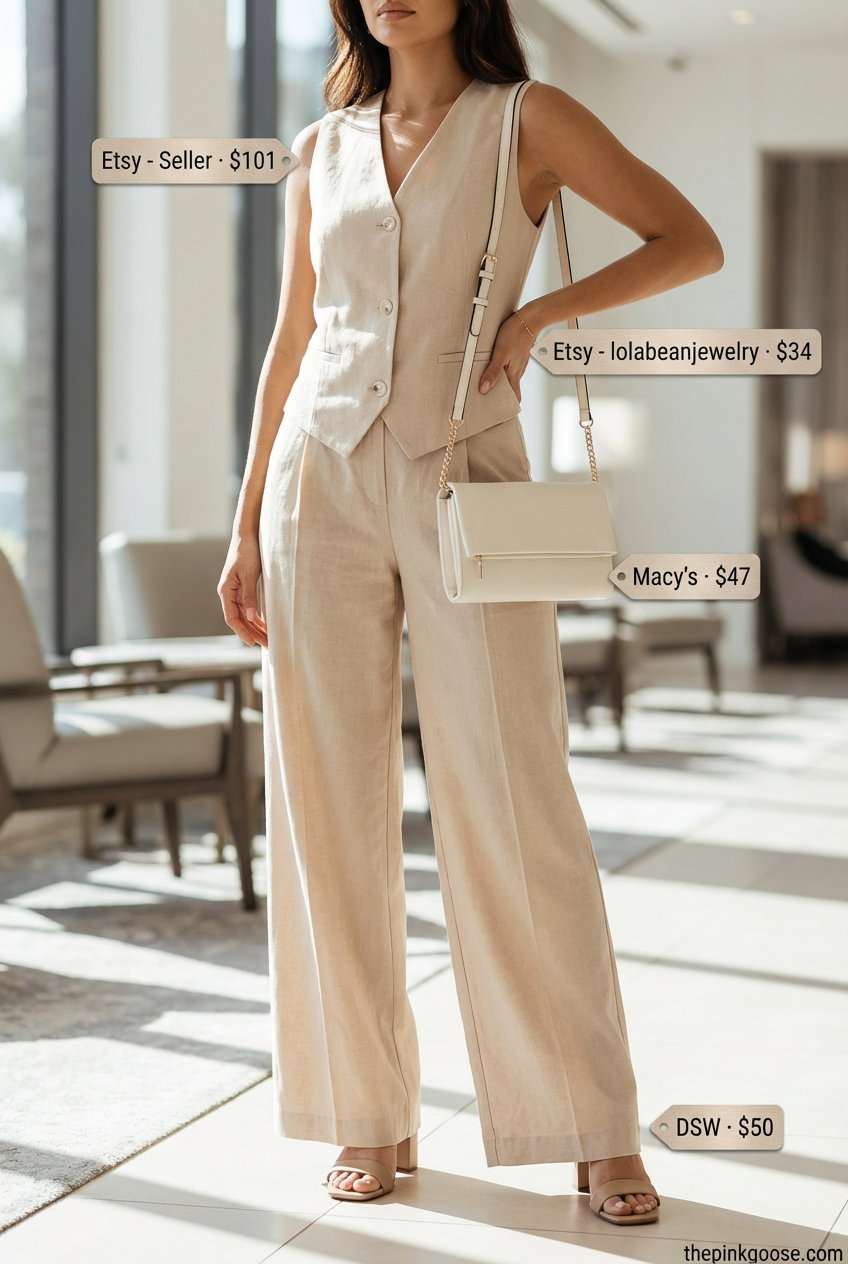 Summer Co-ord Confidence: Work Outfits 2026 Chic beige linen blend co-ord set featuring a tailored vest and wide-leg pants, perfect for summer work outfits for women 2026. Accessorized with gold jewelry and nude block heel sandals for an office-day look.