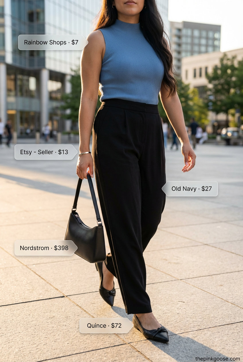 Cool & Collected: Summer Work Outfits 2026 Cool and collected summer work outfit for women 2026 featuring a powder blue ribbed knit top, black wide-leg trousers, and black pointed-toe flats. Accessorized with a structured shoulder bag and silver bracelet.