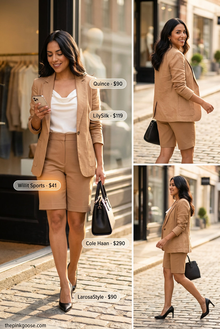 The Executive Edge: Summer Work Outfits 2026 Authoritative camel linen blend tailored Bermuda shorts suit with an ivory silk blouse and black pumps, styled for summer work outfits for women 2026.