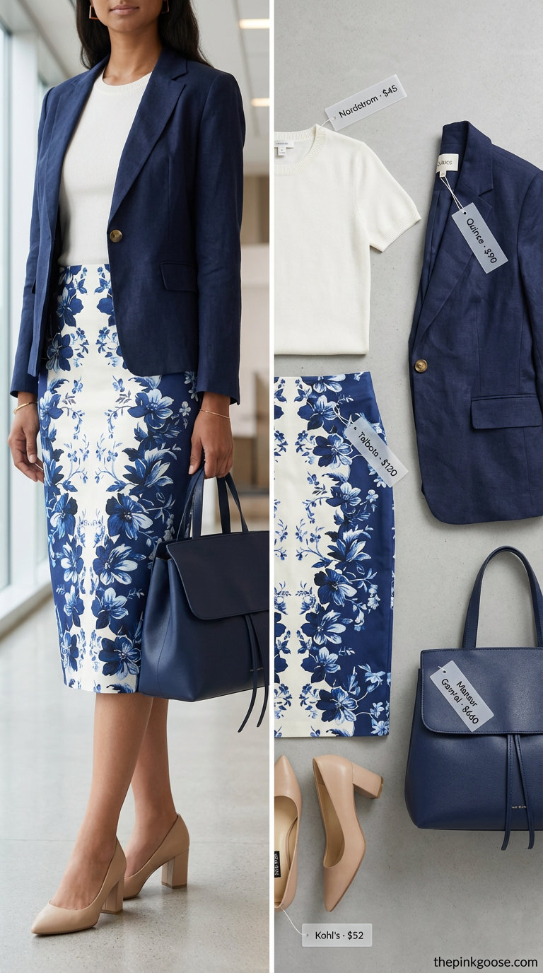 Summer Work Outfits 2026: Classic Pencil Skirt Refresh Refined summer work outfit for women 2026: floral navy pencil skirt, cream knit top, navy blazer, and nude block-heel pumps, suitable for formal meetings.