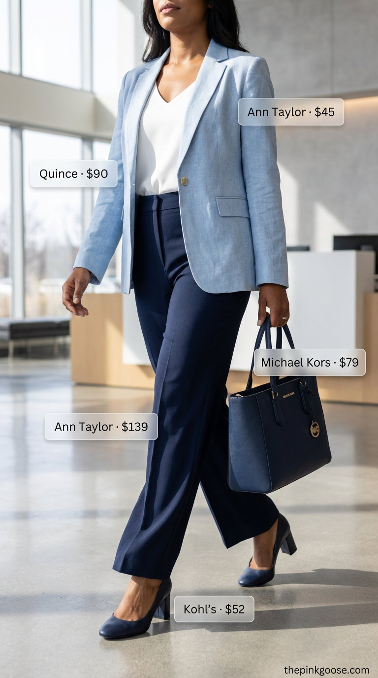Summer Work Outfits 2026: The Modern Professional Layer Polished summer work outfit for women 2026: light blue linen blazer, navy wide-leg trousers, white shell top, and nude block heels, for professional events.