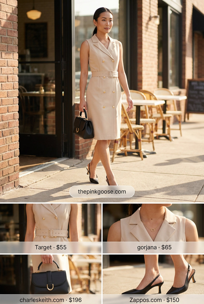 Summer Work Outfits 2026: Effortless Executive Style Sophisticated summer work outfit for women 2026: beige sleeveless midi trench dress, black slingback pumps, and a black structured bag, for an executive look.