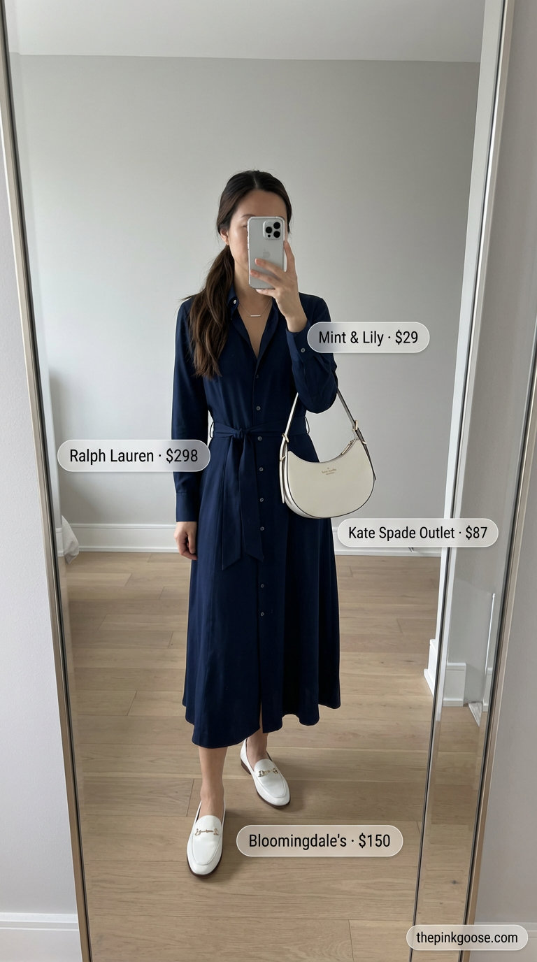 Summer Work Outfits 2026: Sophisticated Shirtdress Chic Sophisticated summer work outfit for women 2026: navy midi shirtdress, white loafers, and an off-white structured bag, great for business casual days.