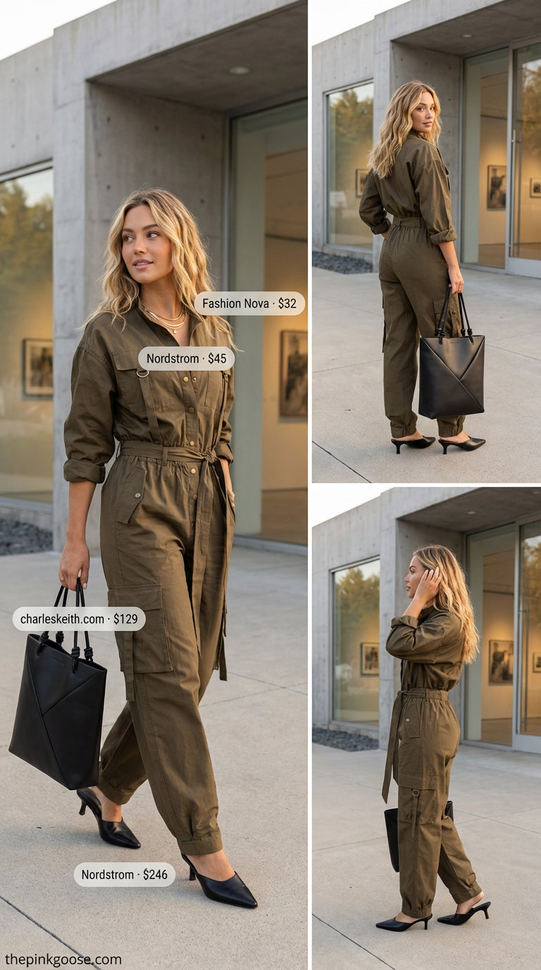 Creative Consultant: Summer Work Outfits 2026 Modern olive green utility-style wide-leg jumpsuit with a self-tie belt, black heeled mules, and a minimalist black top-handle bag, styled for summer work outfits for women 2026.
