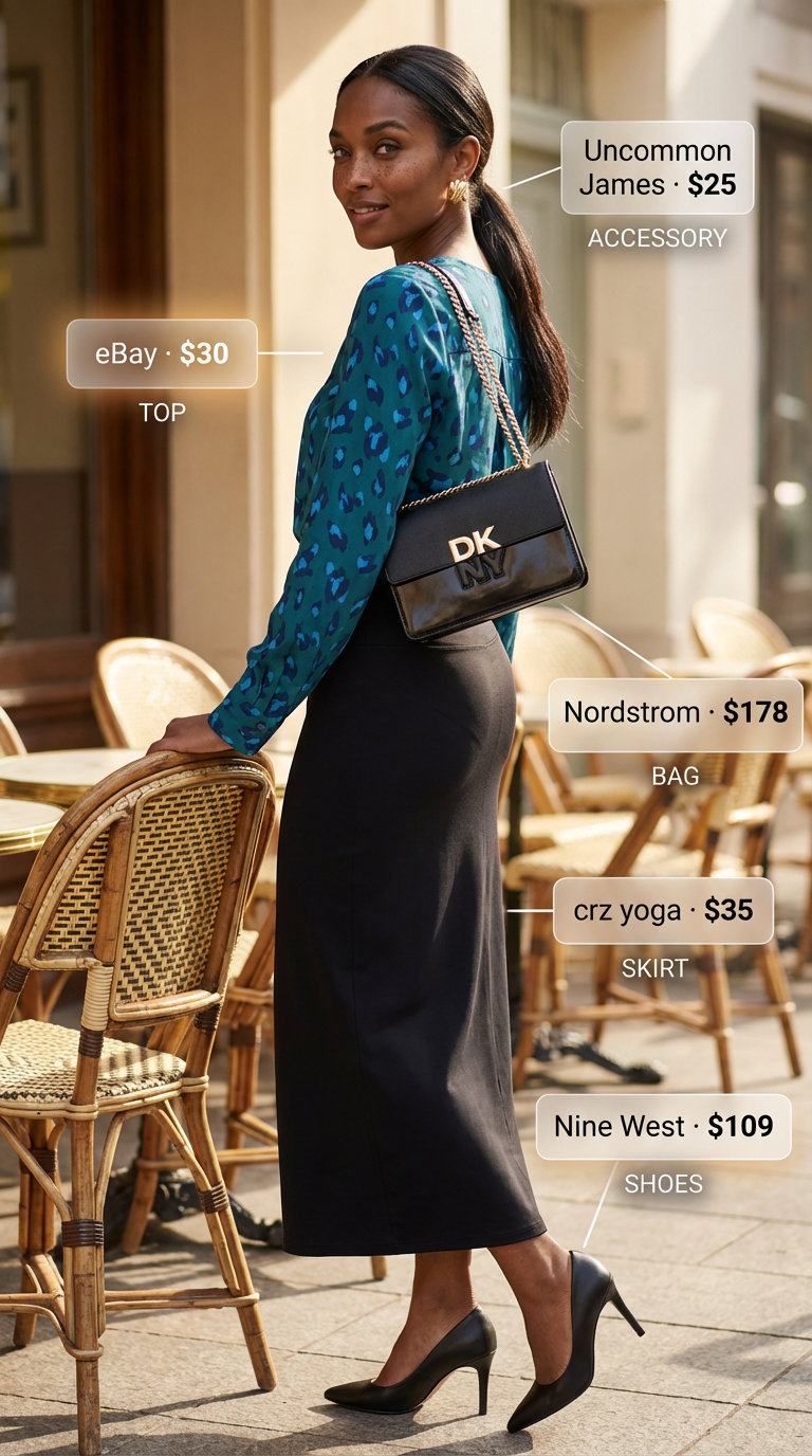 Power Dressing: Summer Work Pencil Skirt 2026 Powerful and elegant black pencil skirt with an abstract print teal, white, and black blouse, for summer work outfits for women 2026.