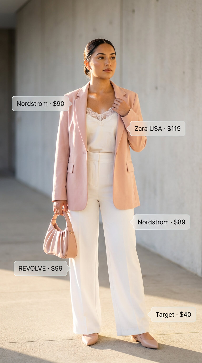 Soft Power Dressing: Work Outfits 2026 Elegant blush pink linen blend tailored blazer over an ivory silk camisole and white straight-leg pants, styled with nude pink slingback flats for summer work outfits for women 2026.