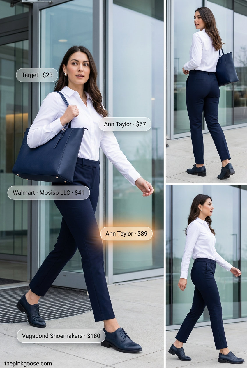 Summer Work Outfits 2026: The Polished Power Player Crisp summer work outfit for women 2026: charcoal gray wide-leg trousers, white button-down shirt, black loafers, and a slim leather briefcase for a polished look.