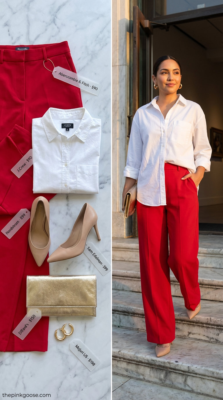 Bold bright red wide-leg tailored trousers with a crisp white oversized button-down shirt, creating a dynamic summer work outfit for women 2026.
