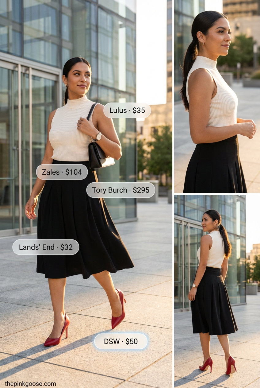 Sophisticate's Style: Summer Work Skirt Outfits 2026 Polished black A-line midi skirt and cream mock-neck top, with cherry red pumps, creating a sophisticated summer work outfit for women 2026.