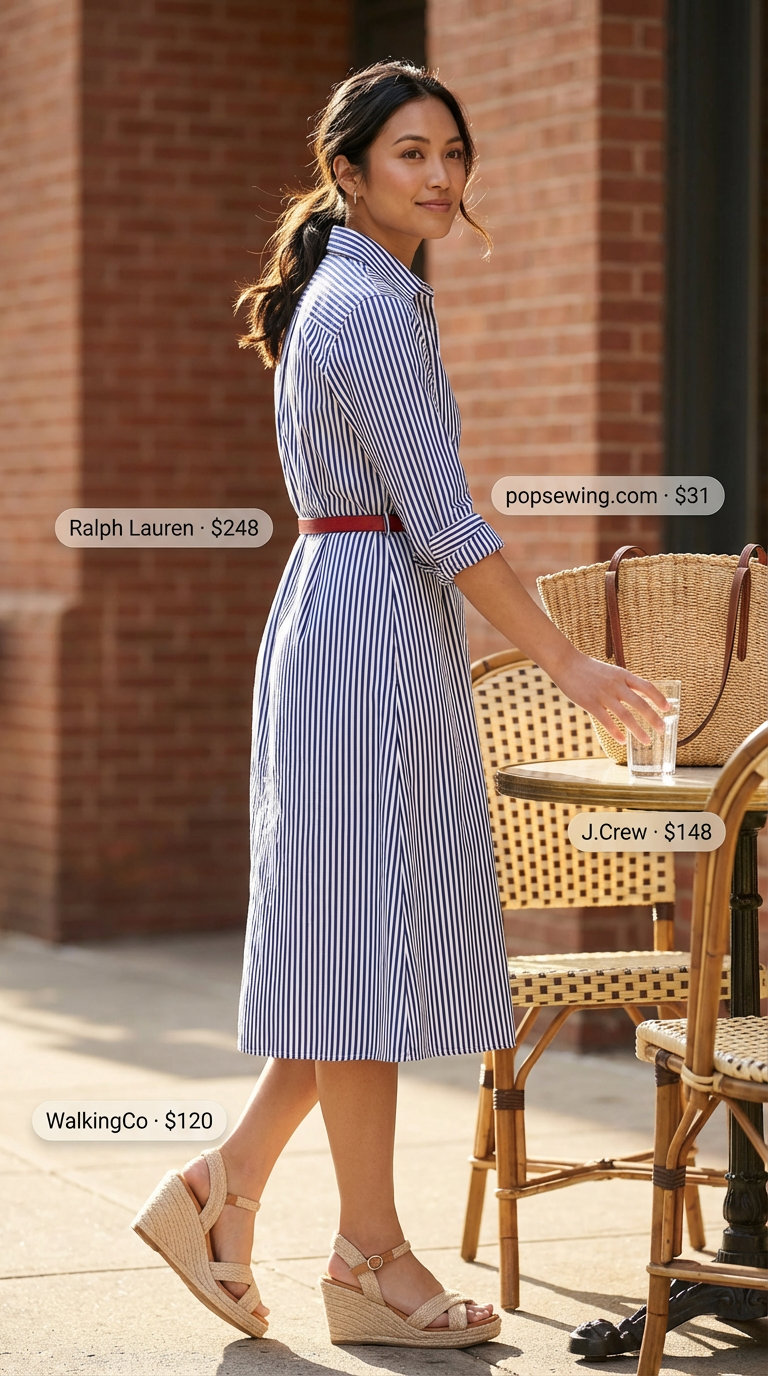 Summer Friday Chic: Work Outfits 2026 Effortless navy and white striped shirtdress with espadrille wedges, a straw tote, and thin red belt, ideal for summer work outfits for women 2026 on a casual Friday.