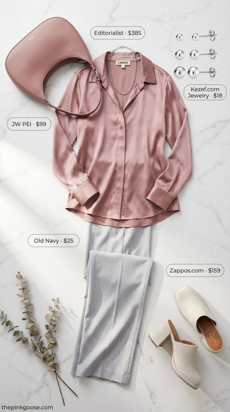 Effortless Elegance: Summer Work Outfit Trousers 2026 Relaxed and elegant light gray trousers with a dusty rose silk blouse, styled for a cohesive summer work outfit for women 2026.