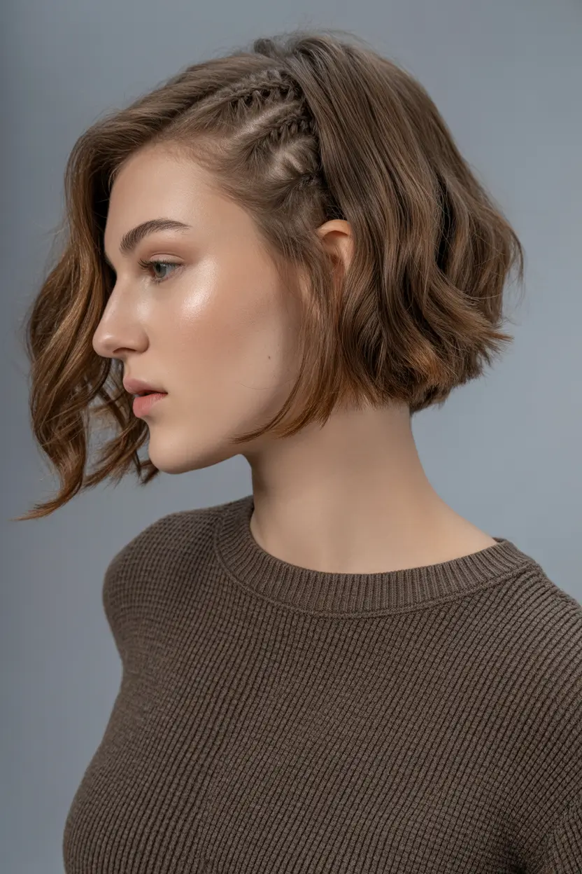 spring bob hairstyle 2026 Soft Wavy Bob With Side Braid Detail