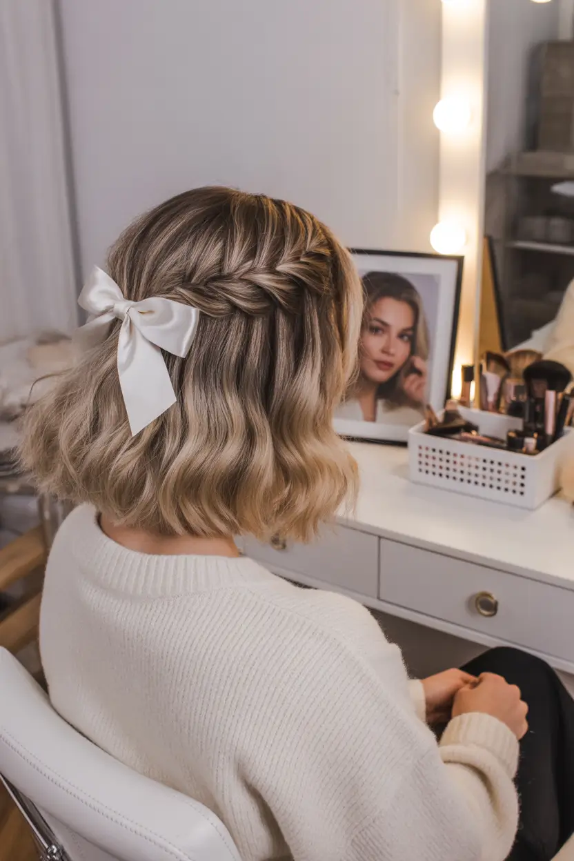 spring bob hairstyle 2026 Soft Wavy Blonde Bob with Romantic Bow Detail