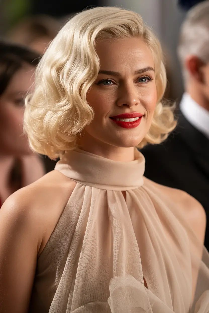 spring bob hairstyle 2026 Classic Glam Short Blonde Bob with Sculpted Waves