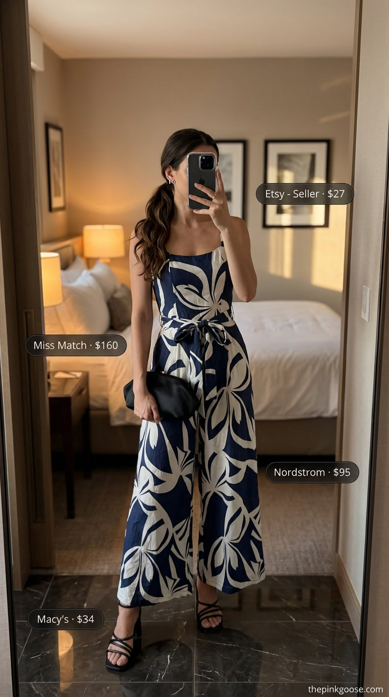 Art Gallery Opening: Trendy Jumpsuit Outfit 2026 Sophisticated navy and white abstract print wide-leg jumpsuit, paired with black strappy heels, a black clutch, and geometric silver earrings, a modern trendy summer outfits ideas 2026.