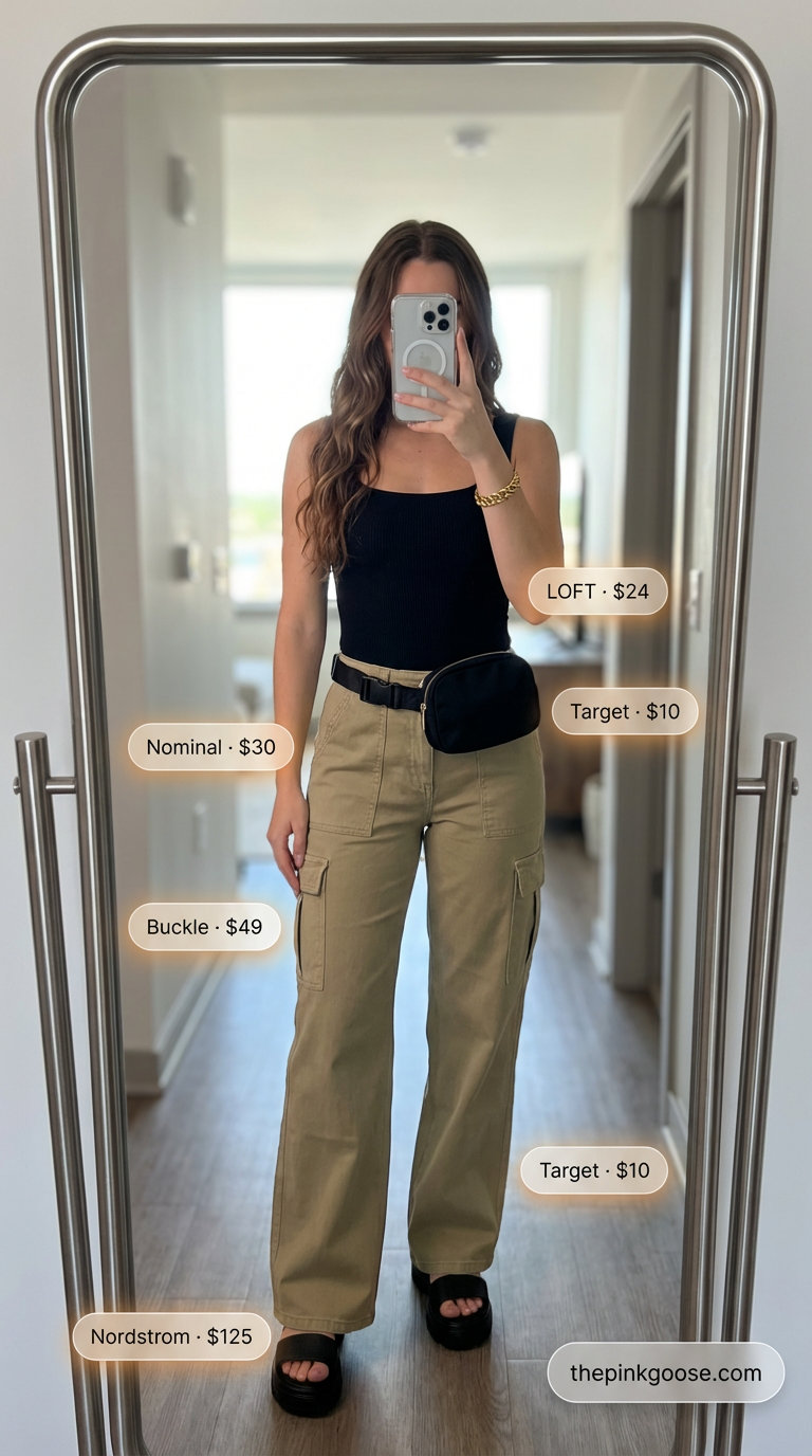 City Safari Chic: Trendy Summer Outfits 2026 Chic city safari look with khaki cargo pants, a black ribbed bodysuit, and platform sandals, inspiring trendy summer outfits ideas 2026.