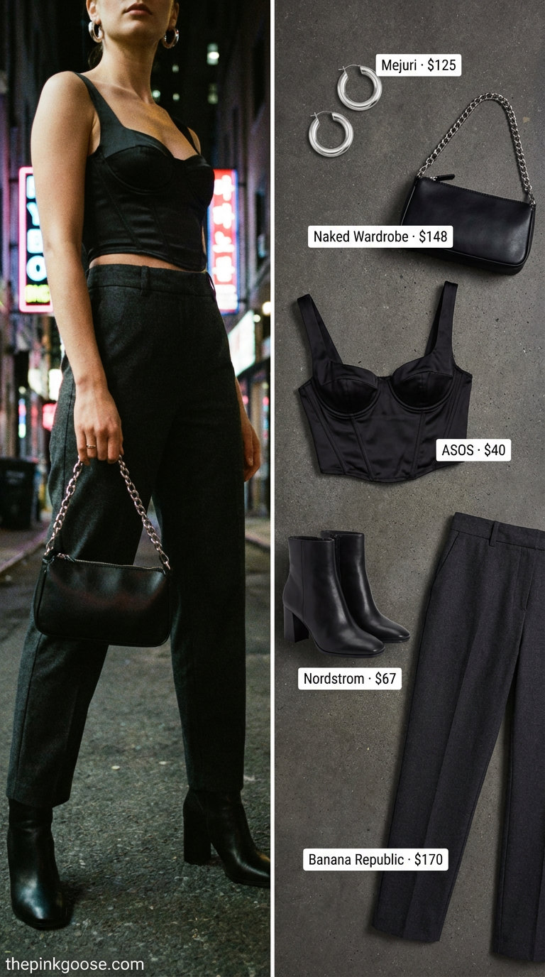 Urban Edge Explorer: Trendy Summer Outfits 2026 Edgy urban outfit with a black satin corset crop top, charcoal tailored trousers, and silver chunky hoop earrings, showcasing trendy summer outfits ideas 2026.
