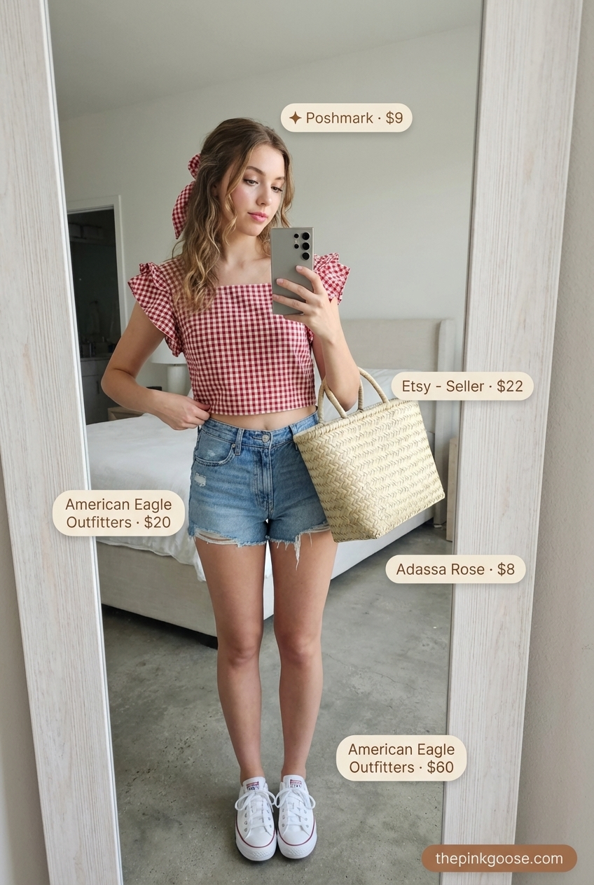 Vintage Picnic Charm: Trendy Summer Outfits 2026 Playful vintage picnic outfit featuring a red gingham crop top and distressed denim shorts, part of trendy summer outfits ideas 2026.