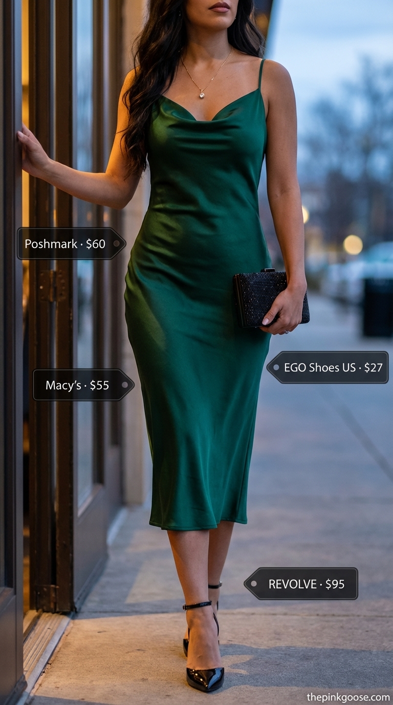 Glamorous Evening Getaway: Trendy Summer Outfits 2026 Glamorous emerald green satin slip dress with black stilettos and a crystal clutch, embodying trendy summer outfits ideas 2026.