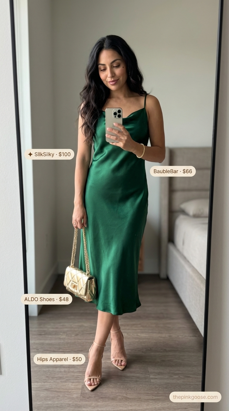 Sultry Sunset Dinner: Trendy Summer Outfits 2026 Sultry emerald green satin midi slip dress with nude heels and gold accessories, a key look for trendy summer outfits ideas 2026.