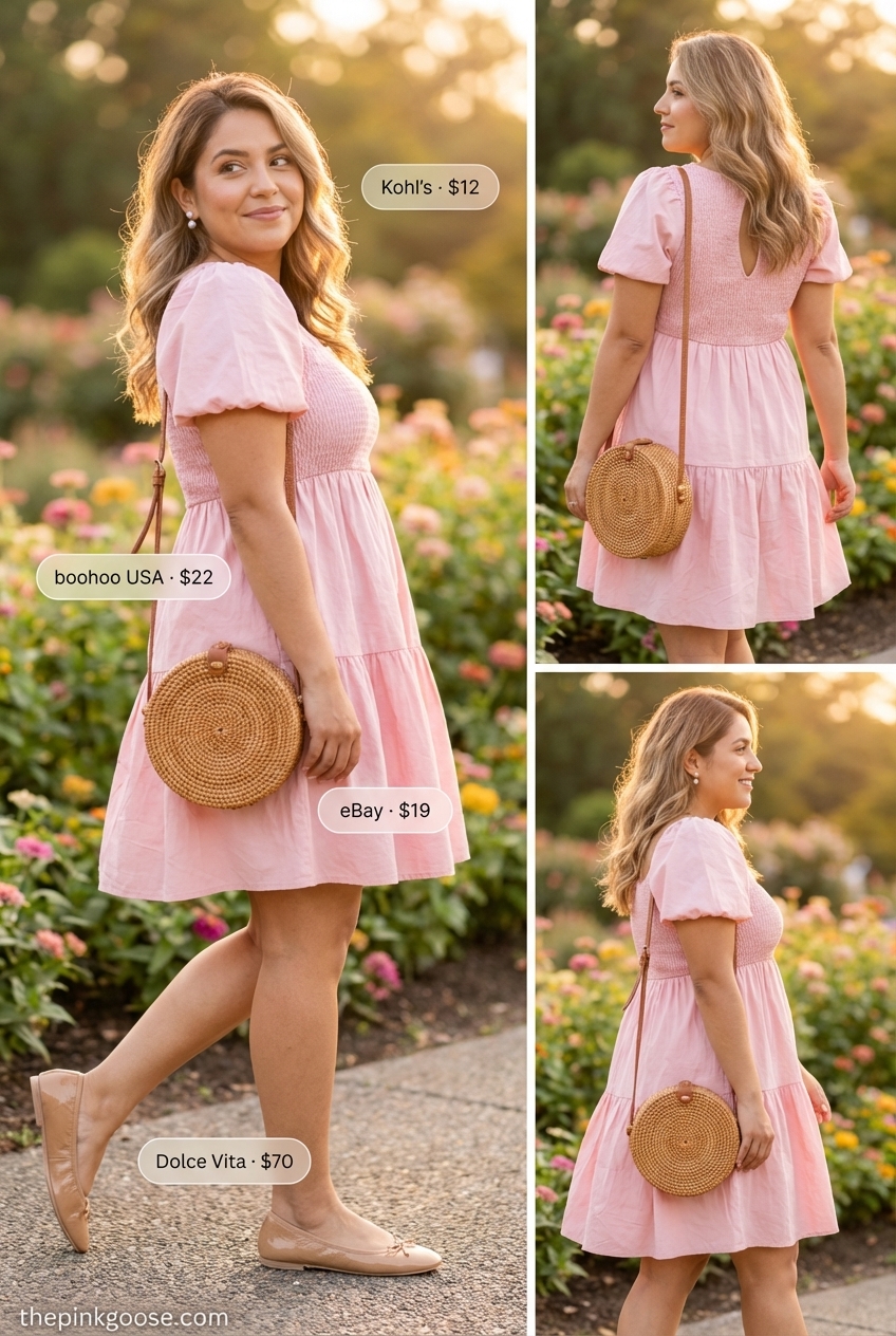 Garden Party Charm: Trendy Pink Dress 2026 Sweet and feminine garden party ensemble with a soft pink tiered mini dress, pearl stud earrings, ballet flats, and a wicker basket bag, one of the trendy summer outfits ideas 2026.