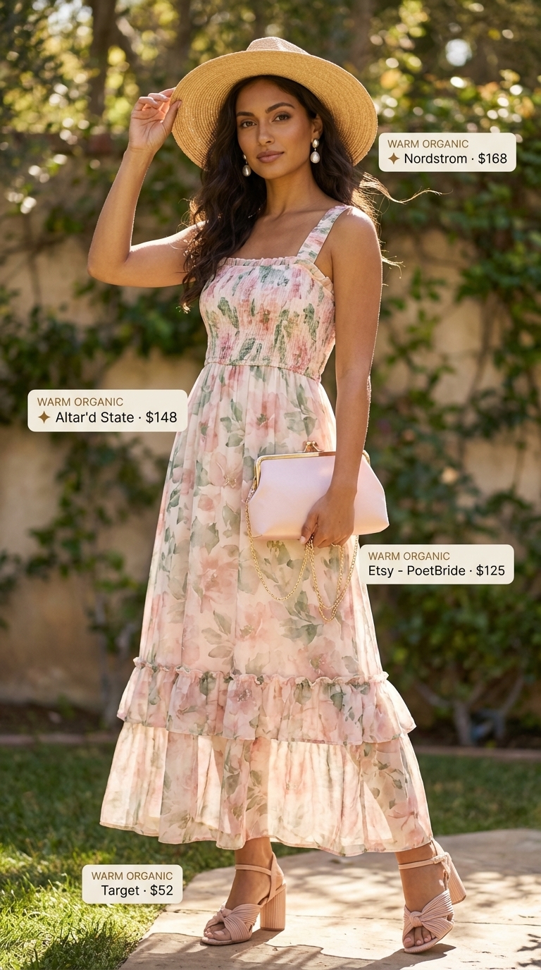 Garden Party Glamour: Trendy Summer Outfits 2026 Elegant garden party outfit featuring a vibrant pink and green floral maxi dress, gold earrings, nude block heels, and a pale pink clutch, perfect for trendy summer outfits ideas 2026.