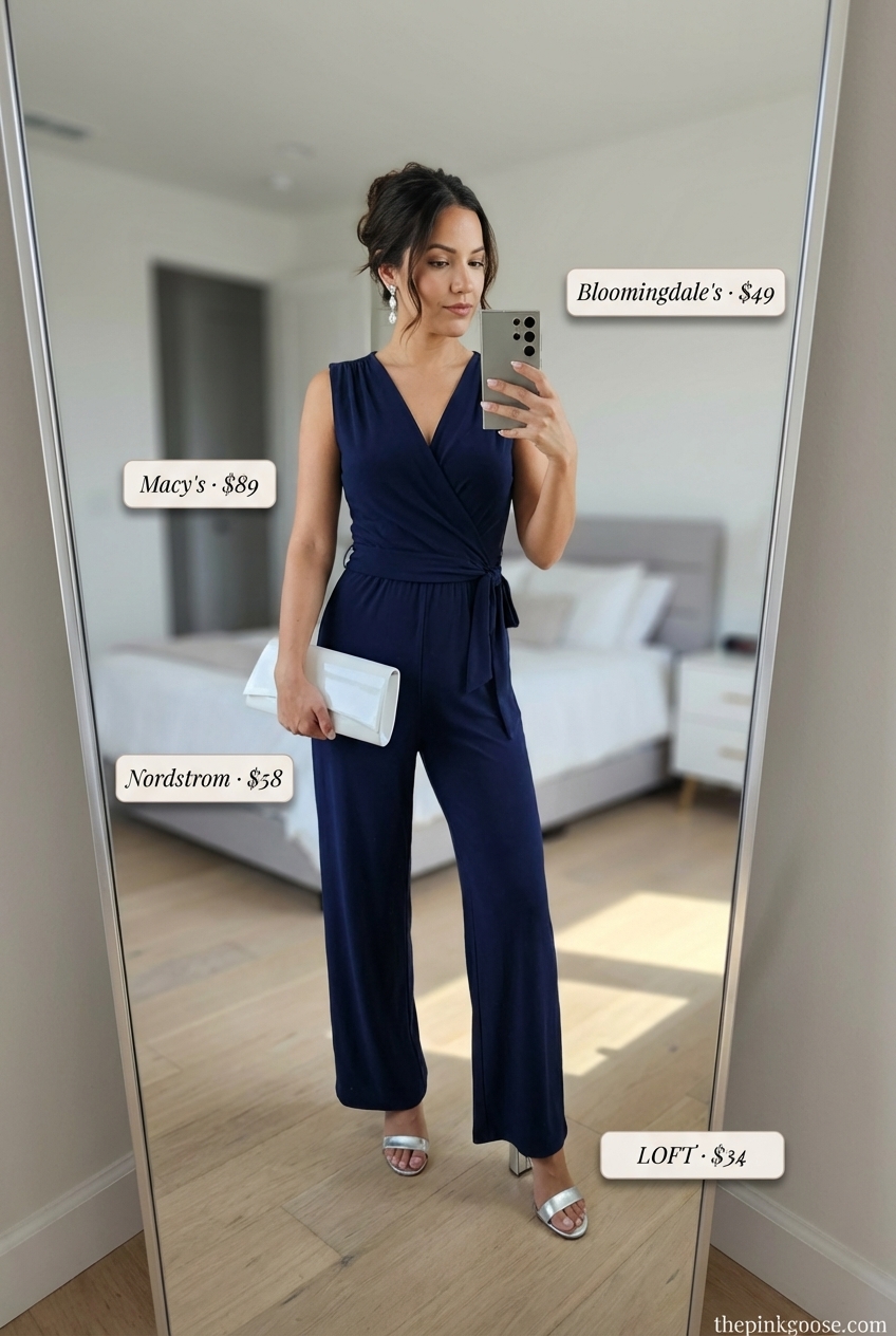 Effortless Riviera Glam: Trendy Summer Outfits 2026 Navy blue wide-leg jumpsuit with silver heels and white clutch, perfect for trendy summer outfits ideas 2026 and resort dinners.
