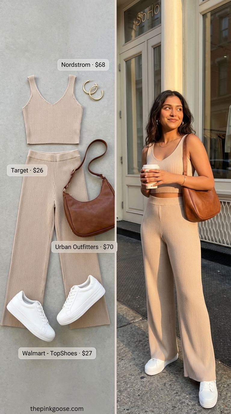 Weekend Wanderlust: Trendy Summer Outfits 2026 Comfortable and chic beige ribbed knit matching set (top and wide-leg pants) with white platform sneakers, perfect for trendy summer outfits ideas 2026.