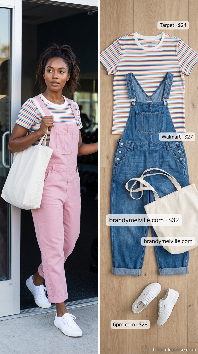 Playful Park Day: Trendy Summer Outfits 2026 Playful park day ensemble with denim overalls, rainbow striped t-shirt and white sneakers, showcasing trendy summer outfits ideas 2026.