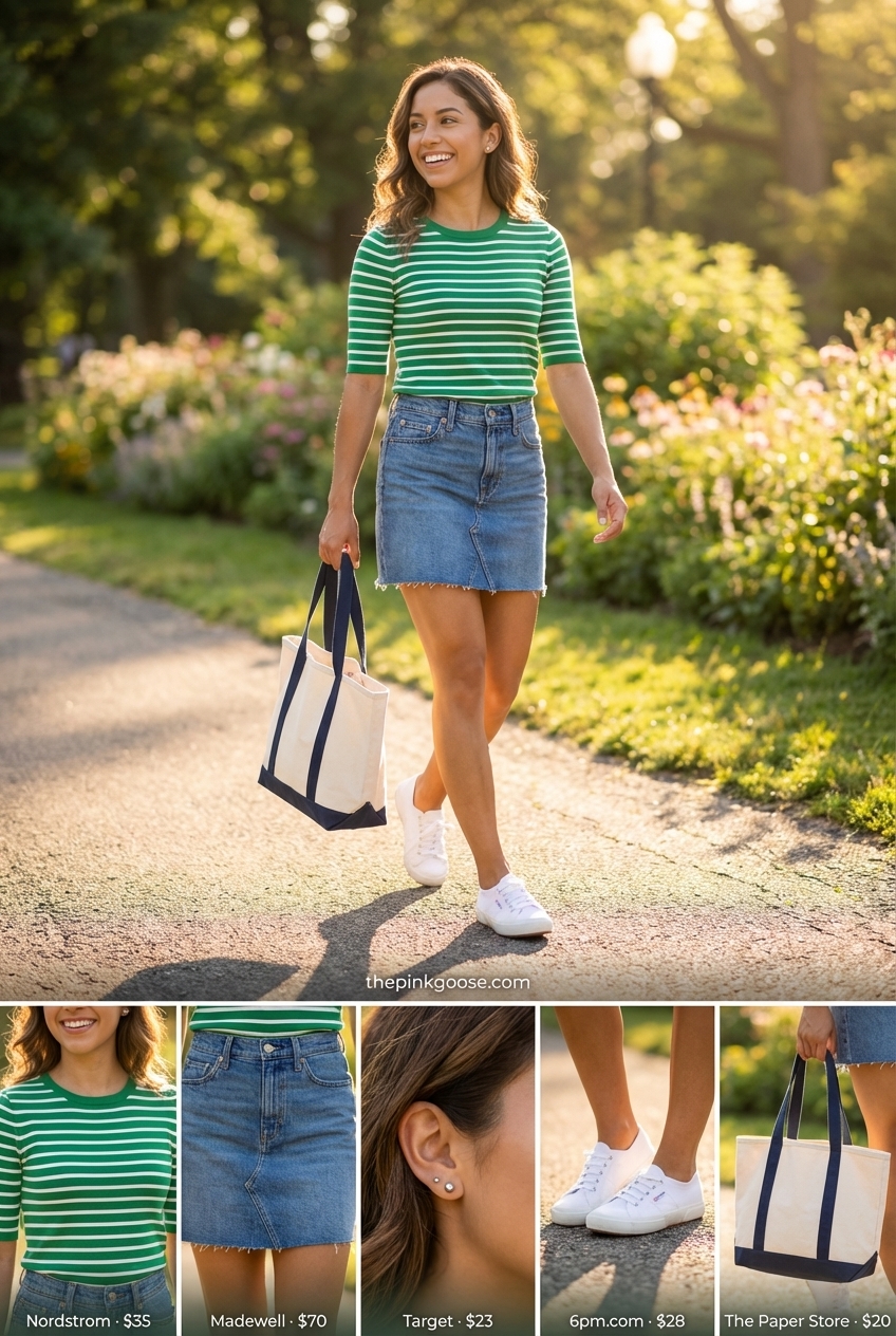 Playful Preppy Picnic: Trendy Skirt Outfit 2026 Playful preppy picnic outfit with a green and white striped knit top, a denim mini skirt, white canvas sneakers, and a canvas tote bag, featuring trendy summer outfits ideas 2026.