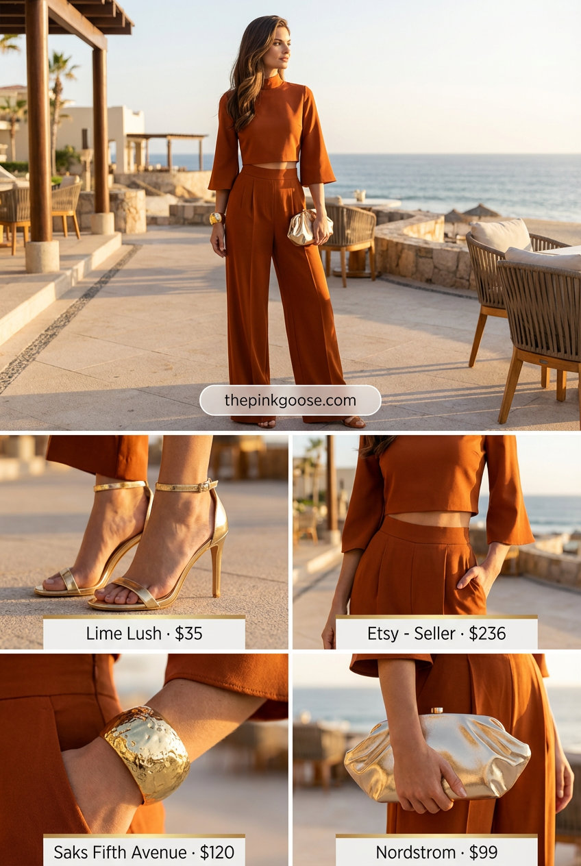 Resort Glam Getaway: Trendy Matching Set 2026 Luxurious resort glam outfit with a terracotta satin two-piece set, metallic gold heels, chunky gold bracelet, and a gold clutch, perfect for trendy summer outfits ideas 2026.