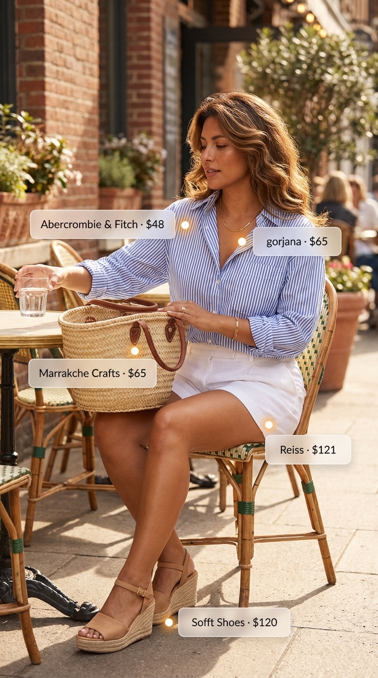 Effortless Riviera Brunch: Trendy Shirt & Shorts 2026 Chic Riviera brunch outfit featuring a sky blue striped oversized shirt, white linen shorts, espadrille wedges, and a straw tote, embodying trendy summer outfits ideas 2026.