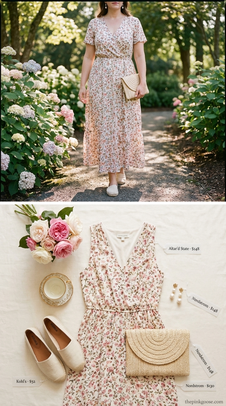 Romantic Garden Stroll: Trendy Floral Dress 2026 Romantic garden outfit with a cream floral print maxi dress, nude espadrilles, pearl drop earrings, and a woven straw clutch, ideal for trendy summer outfits ideas 2026.