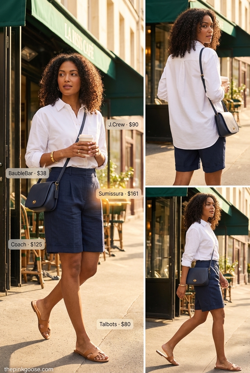 Chic City Stroll: Trendy Summer Outfits 2026 Polished city stroll outfit featuring navy tailored Bermuda shorts, an oversized white button-down, and tan leather sandals for trendy summer outfits ideas 2026.