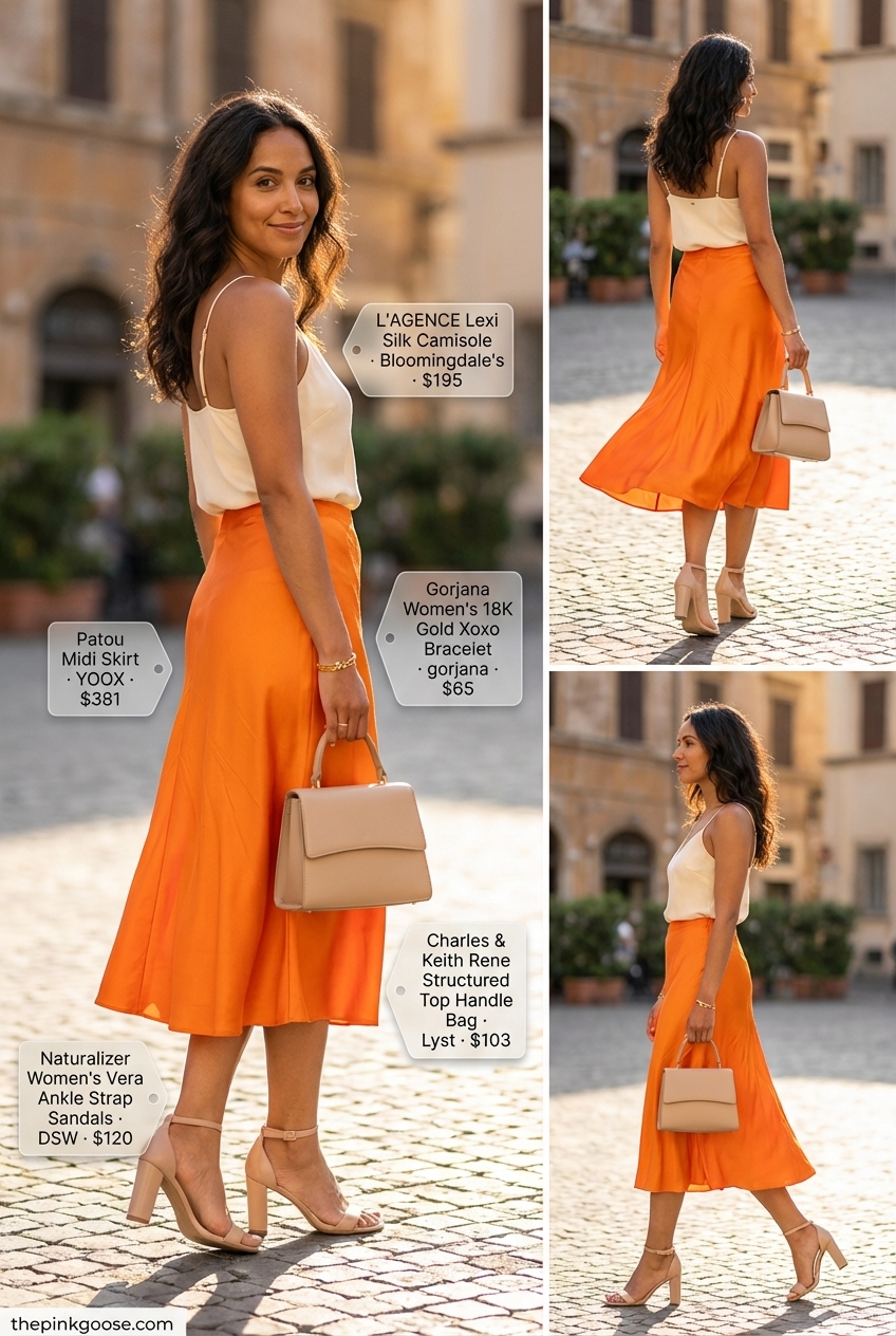 Vibrant orange pleated midi skirt with a white silk camisole and nude accessories, ideal for trendy summer outfits ideas 2026 and vacation evenings.