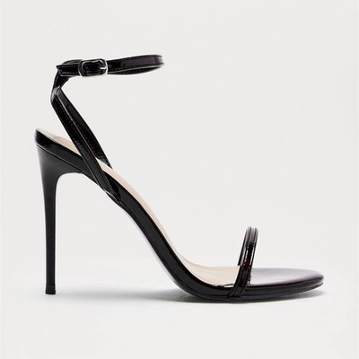 Black Patent Leather Strappy Stiletto Sandals with Ankle Strap Buckle