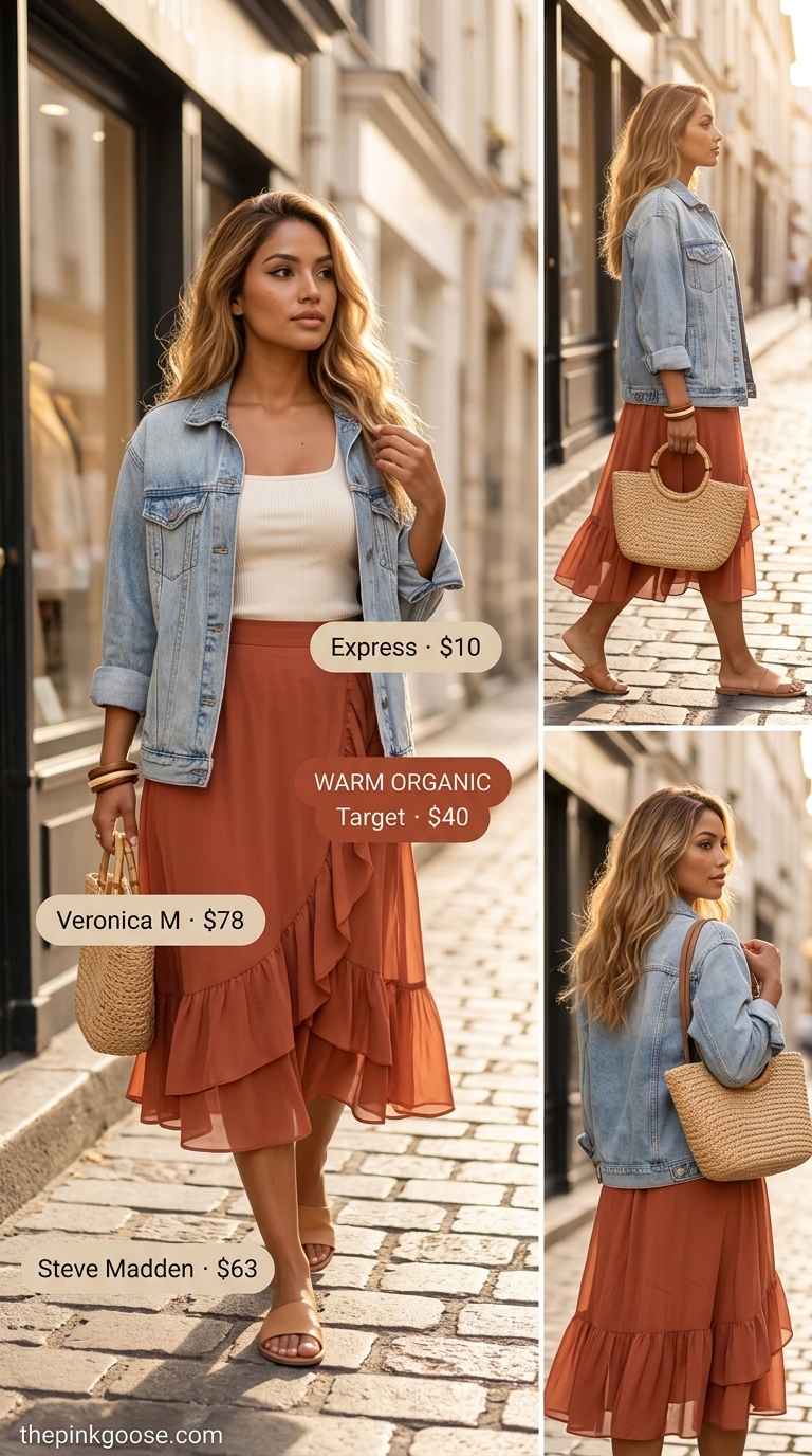 Bohemian Airport Outfits for Women Summer 2026 Bohemian airport outfits for women summer 2026: Terracotta skirt, cream tank, denim jacket, straw bag, and slides.