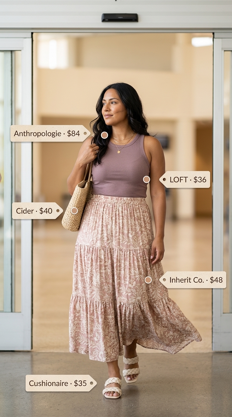Bohemian Airport Outfits for Women Summer 2026 Bohemian airport outfits for women summer 2026: Blush floral maxi skirt, cream tank, straw bag.