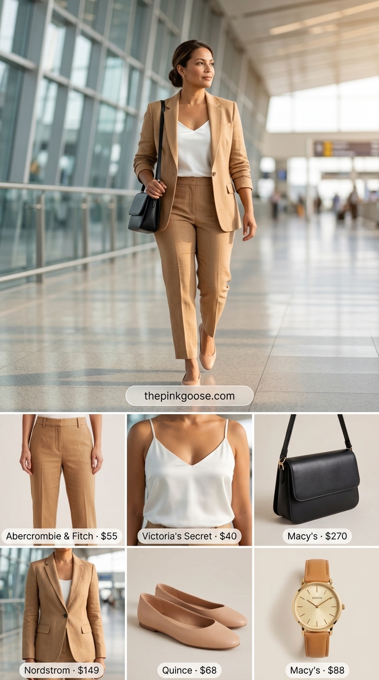 Business Casual Airport Outfits for Women Summer 2026 Sophisticated airport outfits for women summer 2026: Camel trousers, black blazer, white camisole.