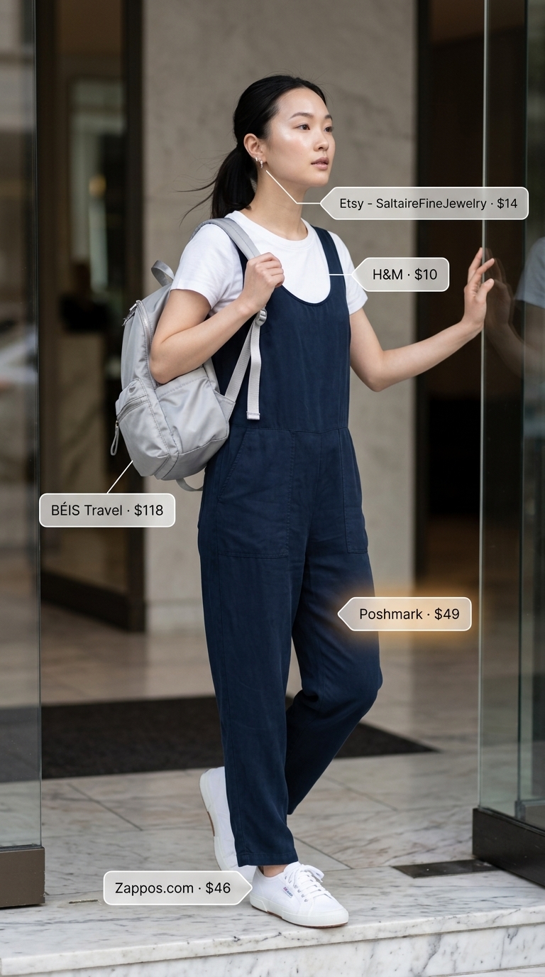 Utility Airport Outfits for Women Summer 2026 Edgy airport outfits for women summer 2026: Navy utility jumpsuit, white sneakers, silver hoops.