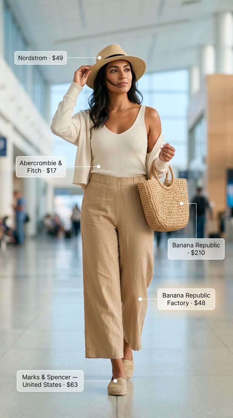 Coastal Airport Outfits for Women Summer 2026 Comfortable airport outfits for women summer 2026: Cream linen pants, sky blue tank, straw hat.