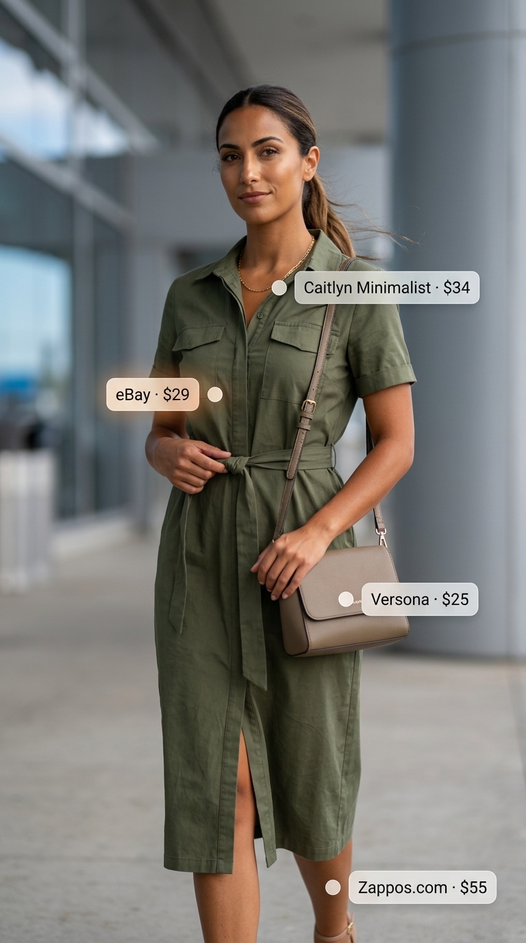 Effortless Airport Outfits for Women Summer 2026 Comfortable airport outfits for women summer 2026: Olive green shirt dress, black sandals, gold necklace.