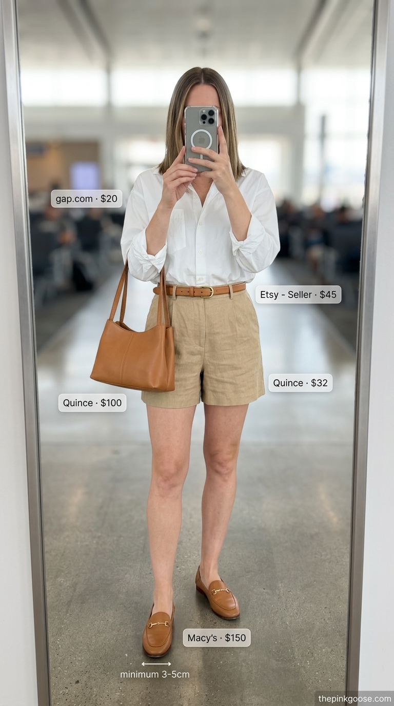 Smart Airport Outfits for Women Summer 2026 Smart casual airport outfits for women summer 2026: Navy shorts, white shirt, loafers, and leather shoulder bag.