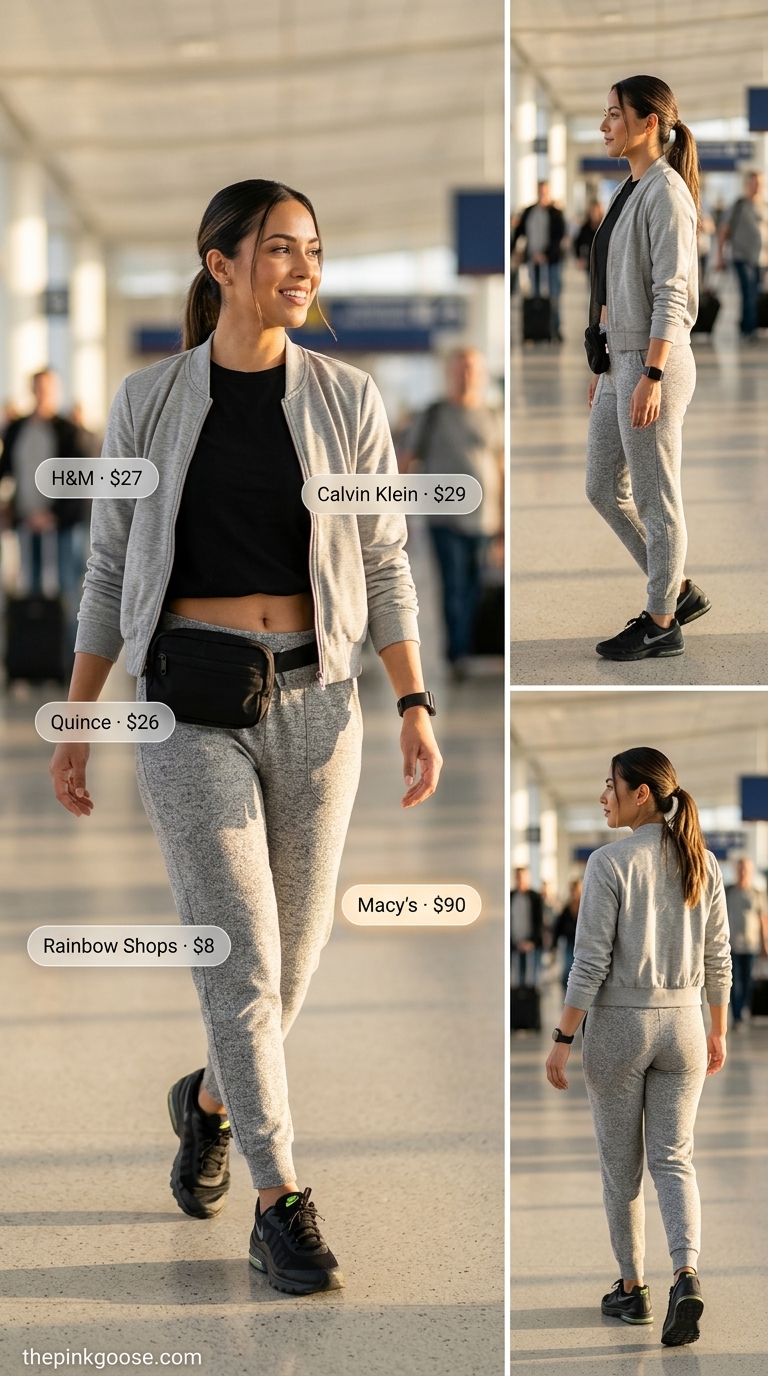 Airport Outfits for Women Summer 2026: Athleisure Travel Style Airport outfits for women summer 2026: Joggers, graphic tee, bomber jacket, sneakers for athleisure travel.